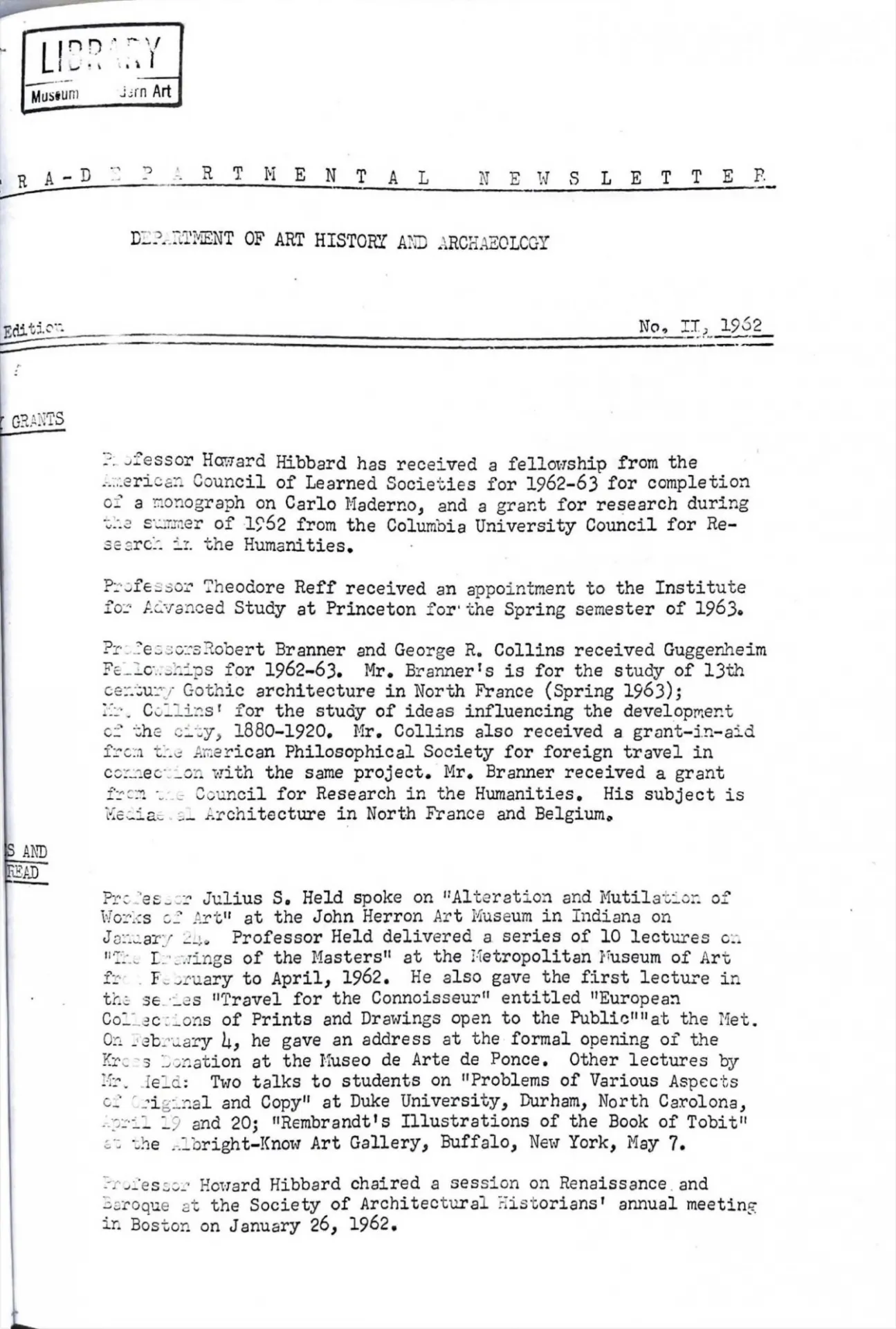 newsletter first page, 1962