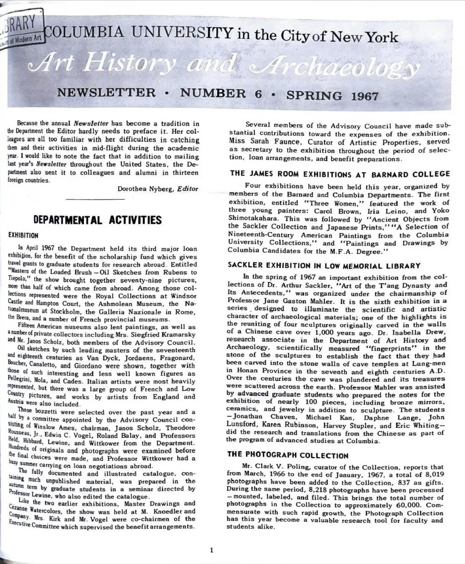first page of newsletter, 1967