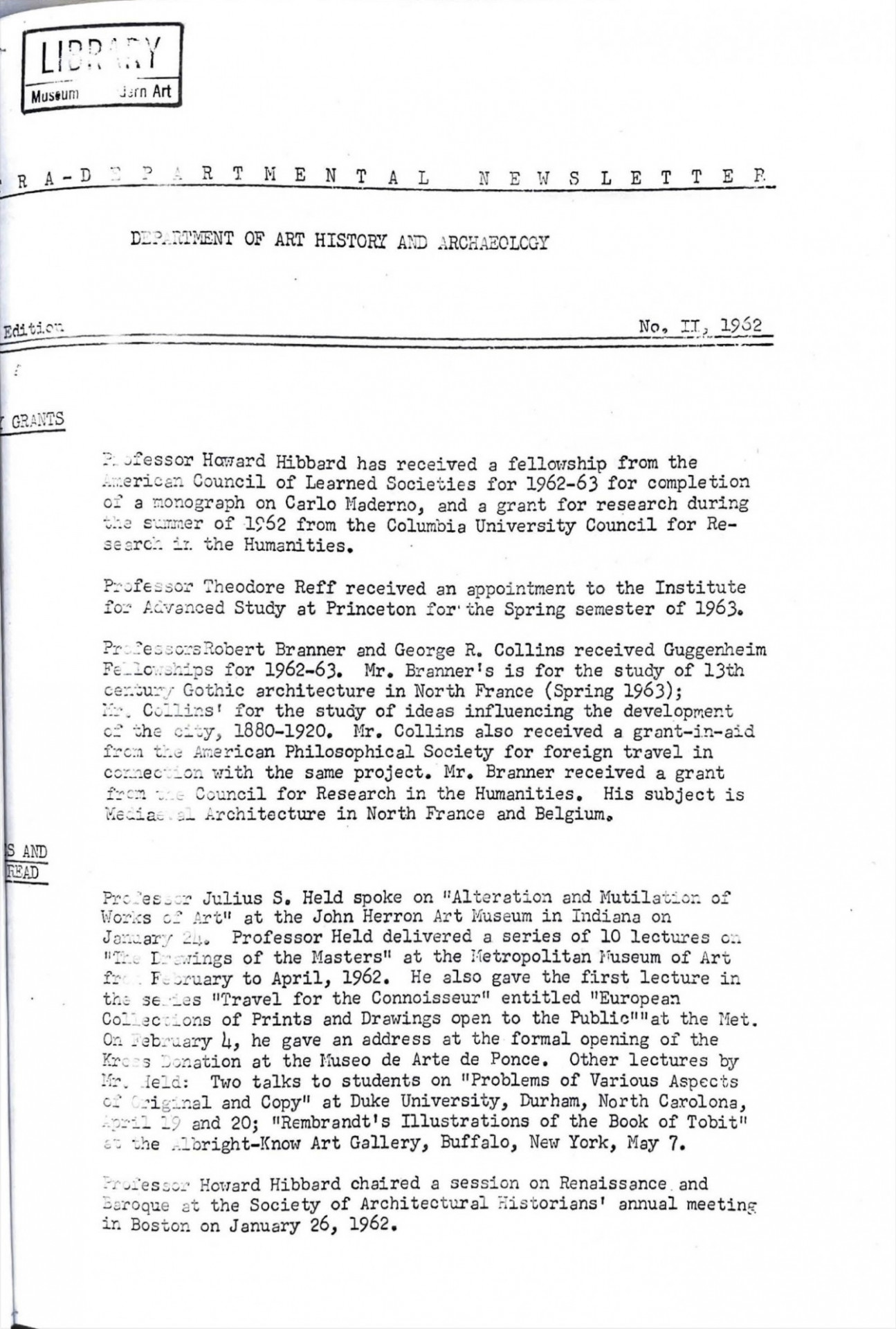newsletter first page, 1962