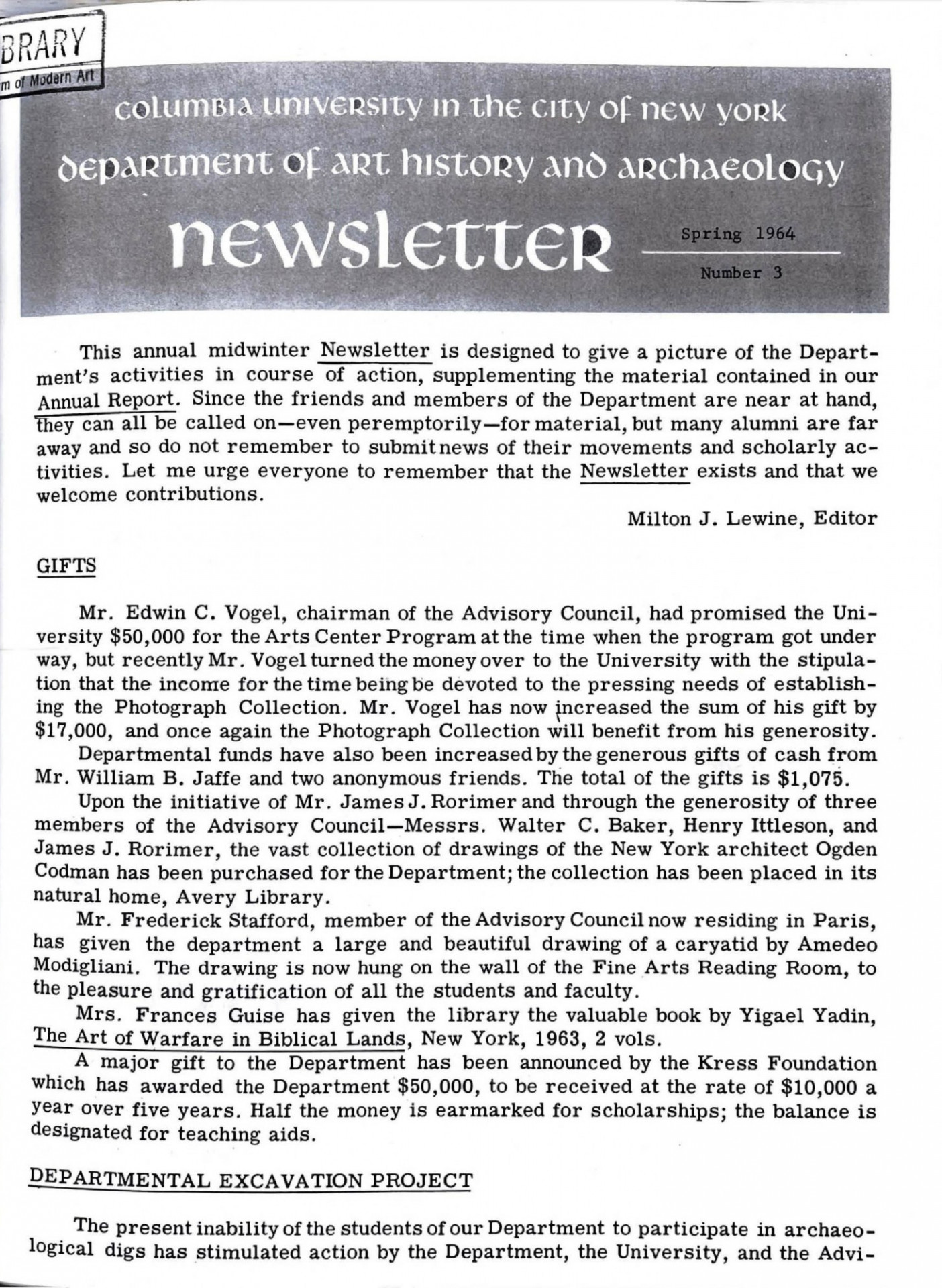 newsletter first page, 1964