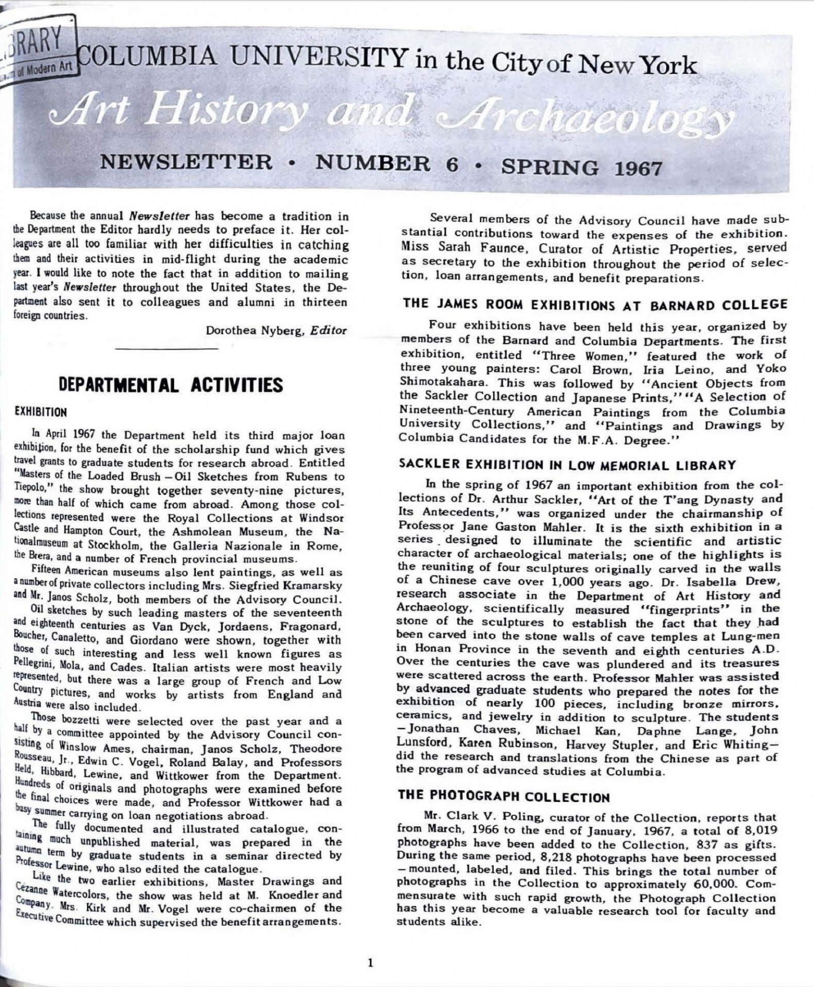 first page of newsletter, 1967